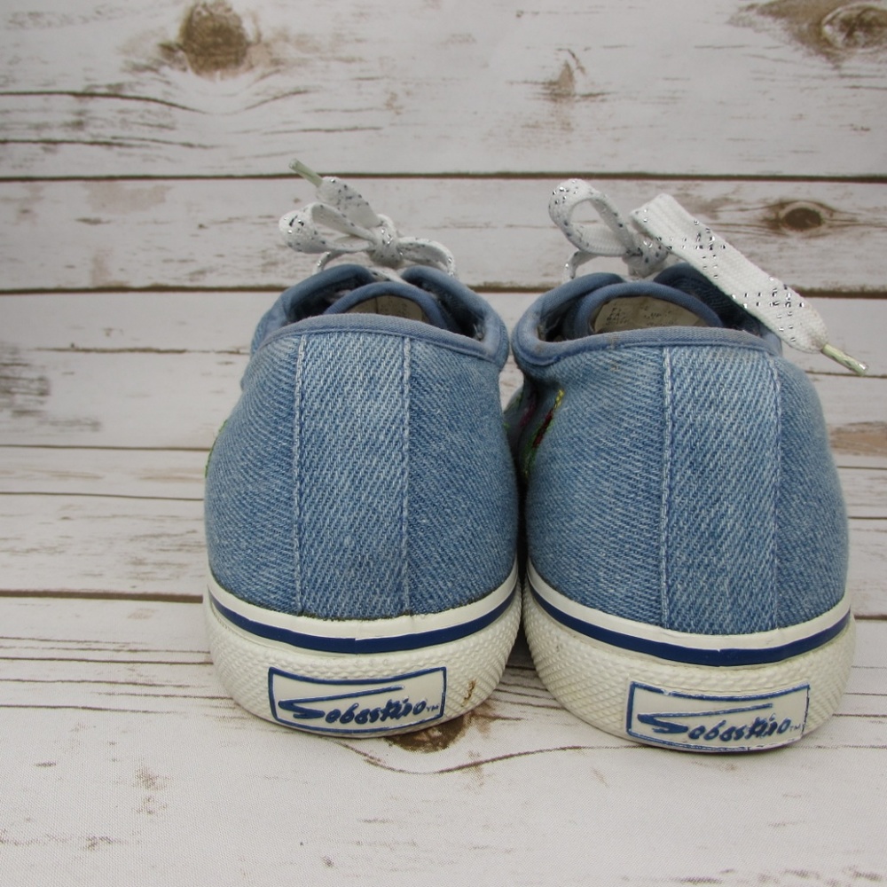 Denim Sneakers Embroidered Flamingos Palm Trees 8 Sebastino Casual Shoes - Picture 4 of 8